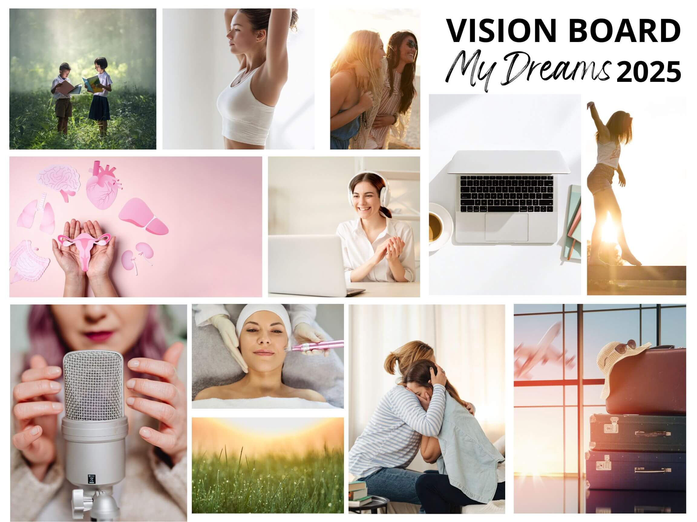 Tablica marzeń – vision board wypełniony zdjęciami, symbolami i inspirującymi słowami, przedstawiający cele roczne.