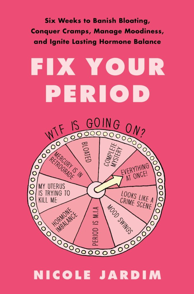 Okładka książki Fix your period - jednej z najlepszych książek o cyklu menstruacyjnym, różowa okladka z kołem podzielonym na części, w każdej z nich znajduje się nazwa zaburzenia hormonalnego